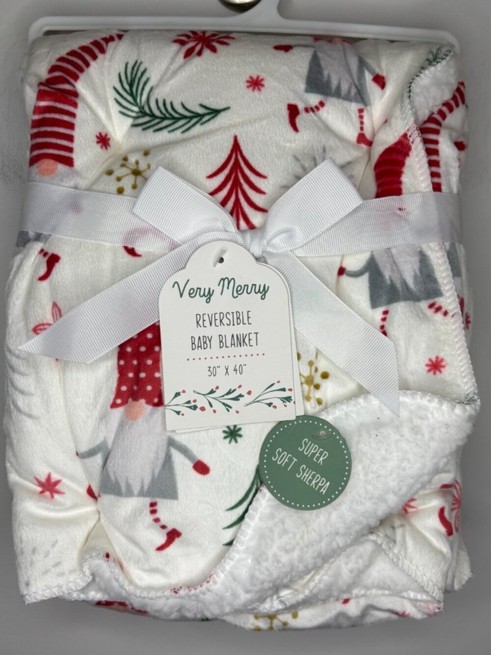 NEW Reversible Baby Blanket 30x40" Fleece Happy Gnomes Sherpa Holiday Cuddly